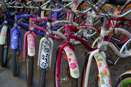 Artistic painted parked bicycles