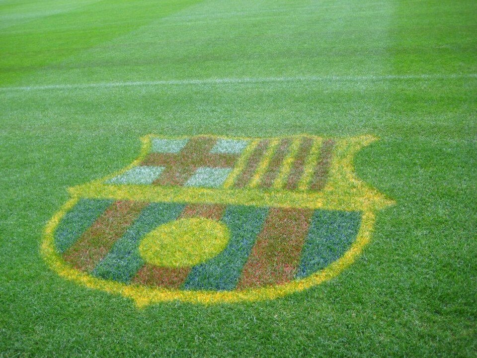 FC Barcelona emblem on stadium turf