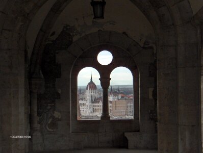 Parliament seen through arcade