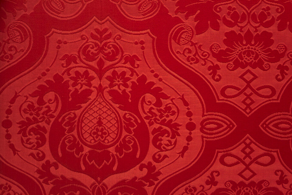 Red silk damask wallcovering