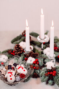 Christmas spruce decoration with candles and snowmen photo