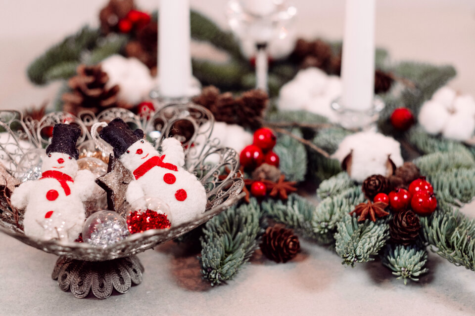Christmas spruce decoration with candles and snowmen 2