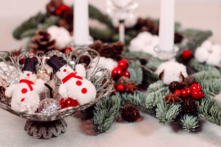 Christmas spruce decoration with candles and snowmen 2 photo