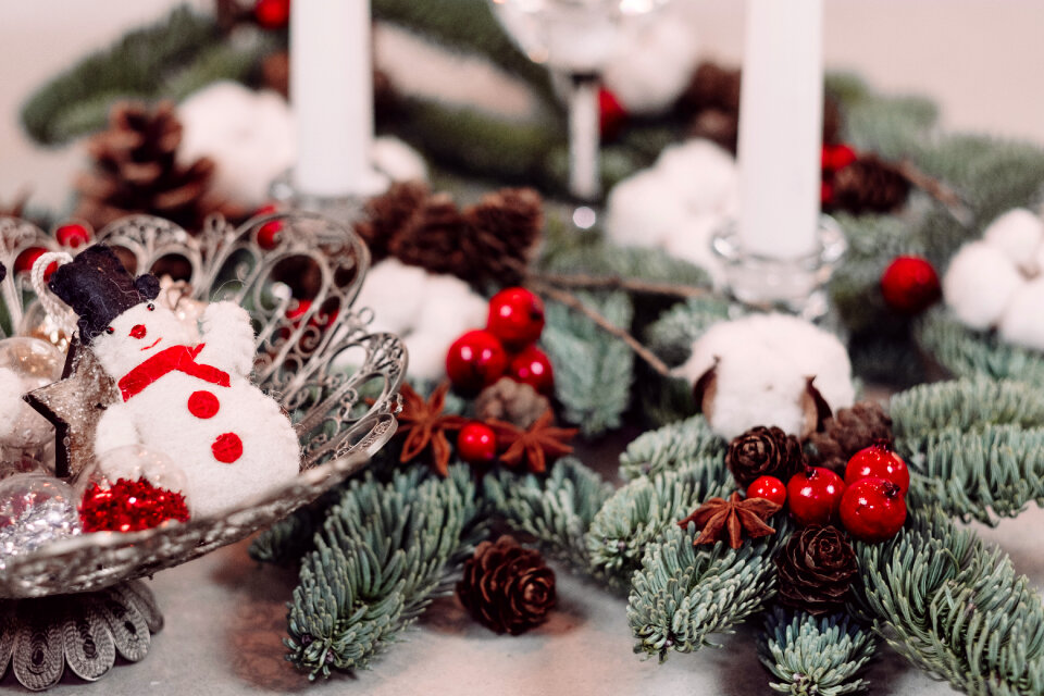 Christmas spruce decoration with candles and a snowman