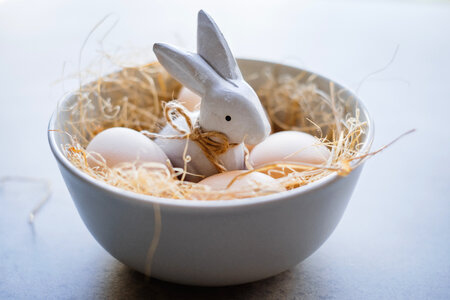 Ceramic Easter Bunny and plain eggs in a bowl