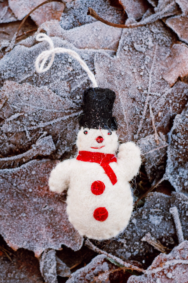 Felted snowman on frosted leaves