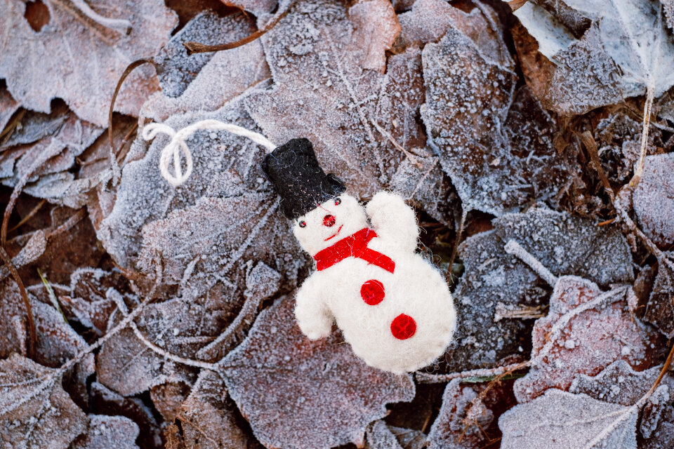 Felted snowman on frosted leaves 3