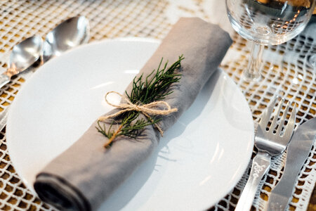 Linen napkin decorated with a conifer twig photo