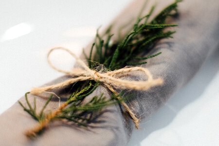 Linen napkin decorated with a conifer twig closeup
