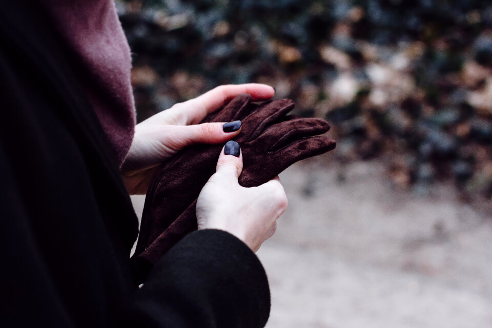 Female hands holding leather gloves photo