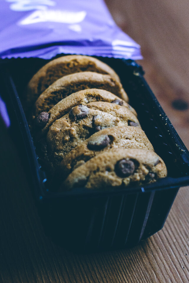 Chocolate chip cookies in a box