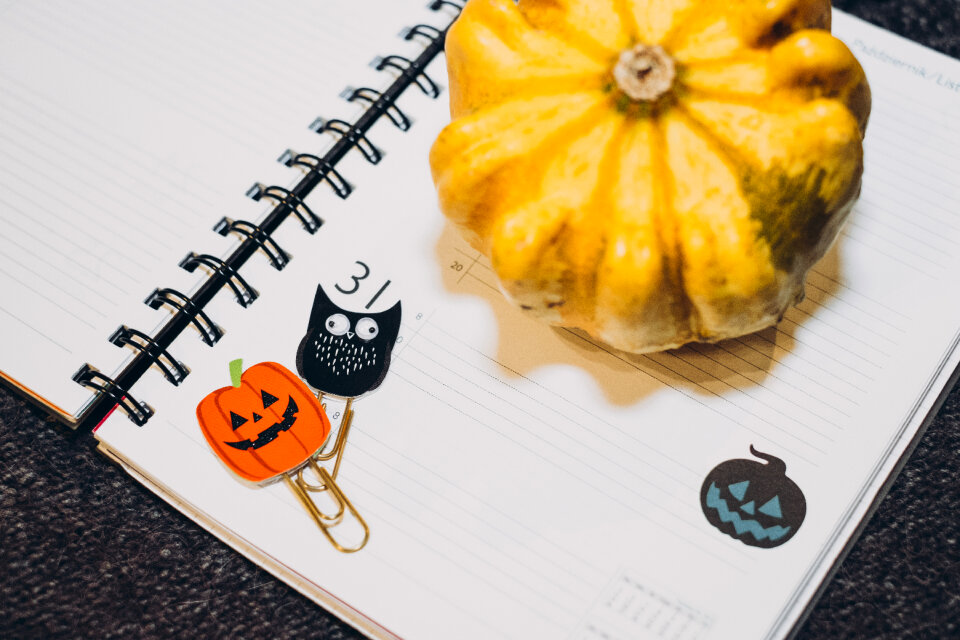 A pumpkin and an owl paperclips in a calendar
