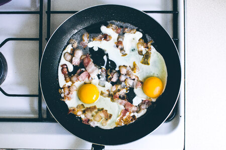 Eggs and bacon on the frying pan photo