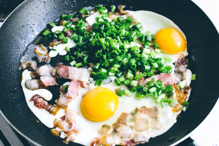 Eggs, bacon and chive on the frying pan 2 photo