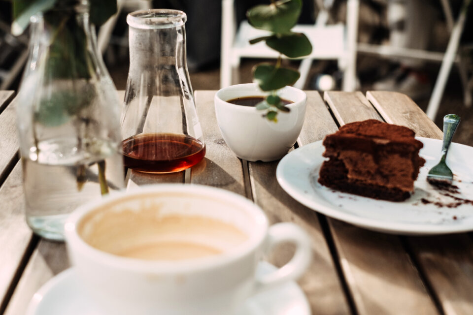 Coffee and a chocolate cake photo