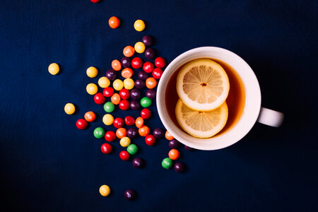 Tea with lemon and Skittles photo