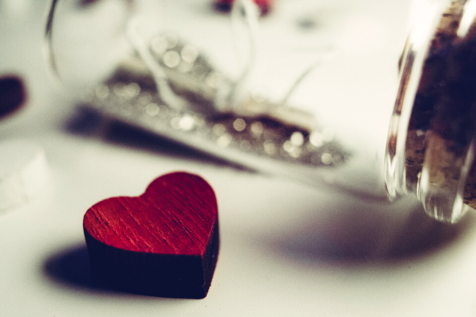 Message in a bottle and a wooden heart