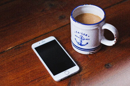 Oldschool mug of latte and an iPhone photo