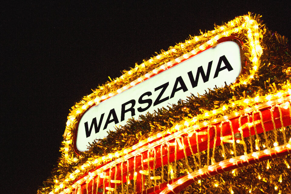 Warsaw sign in Christmas lights