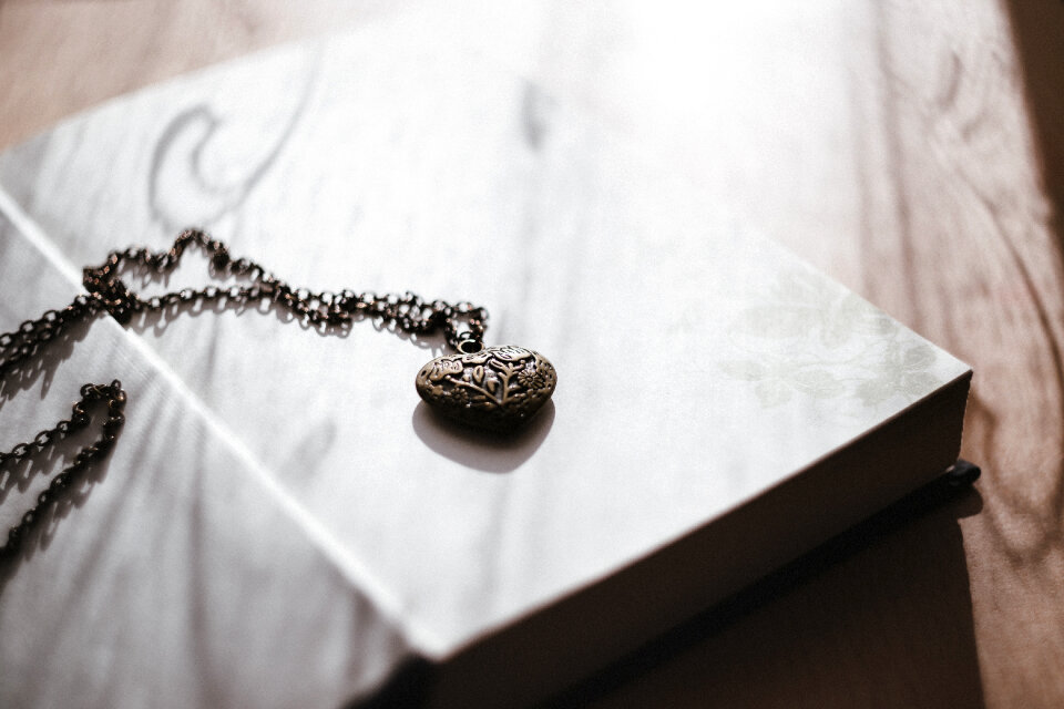 Heart necklace on an open book photo