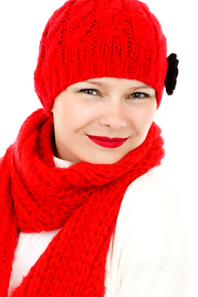 Woman in Red Crochet Knit Cap and Scarf