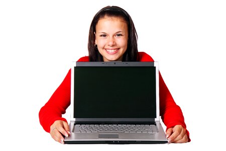 Smiling Woman Holding Gray Laptop photo