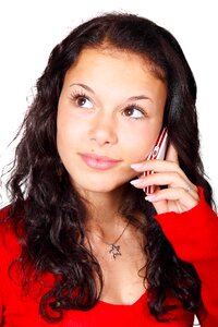 Woman Using Smartphone Wearing Red Long-sleeved Shirt photo