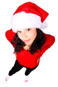 Woman Standing Wearing Red Scoop Neck Long Sleeve Shirt and Santa Cap photo