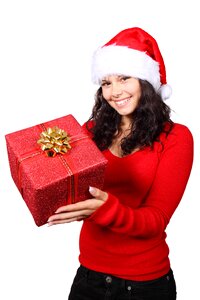 Woman in Red Long Sleeve Holding Red Gift Box photo