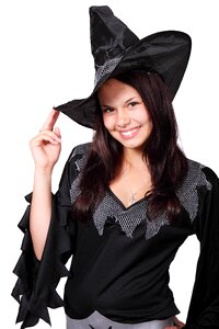 Smiling Woman Wearing Black Witch Costume