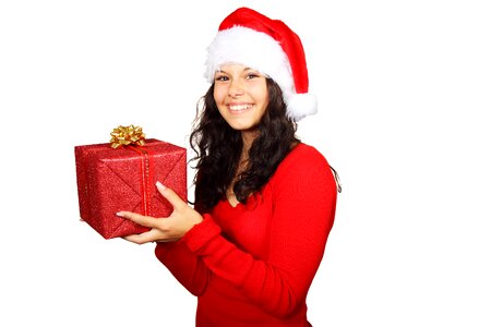Smiling Woman in Red Long Sleeve Shirt Holding Red Gift Box