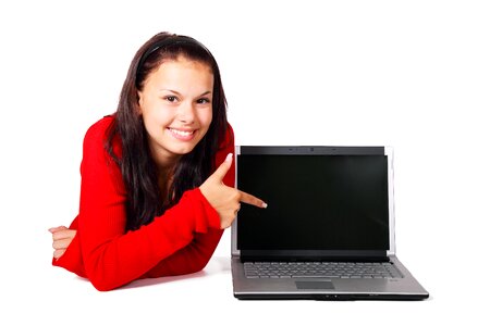 Woman in Red Long-sleeved Top Pointing on Black Laptop Computer photo