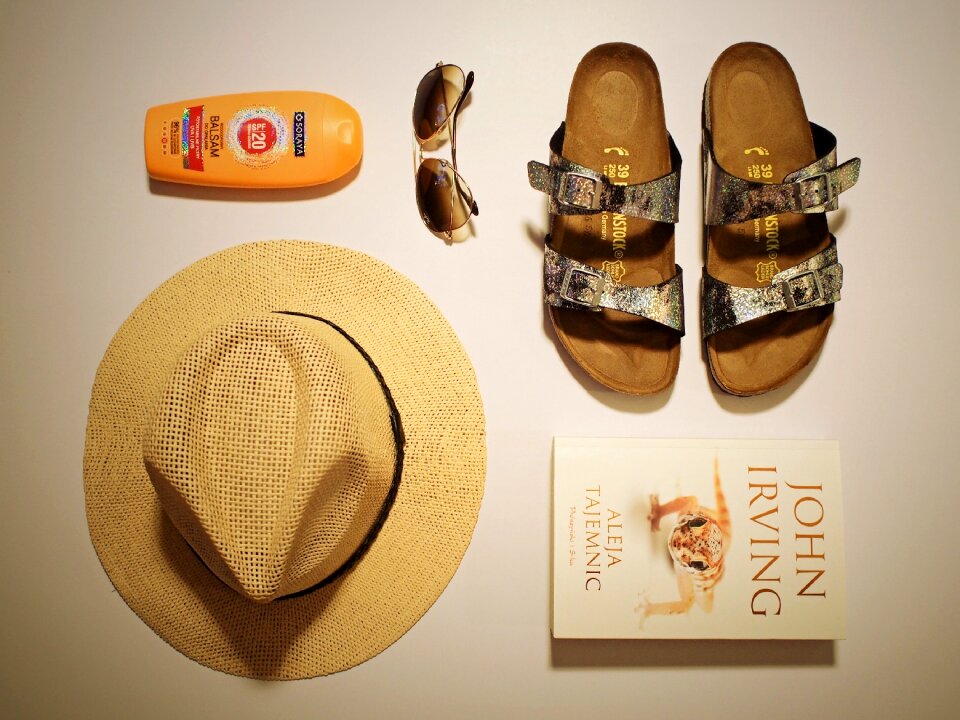 Free stock photo of birkenstock, book, hat