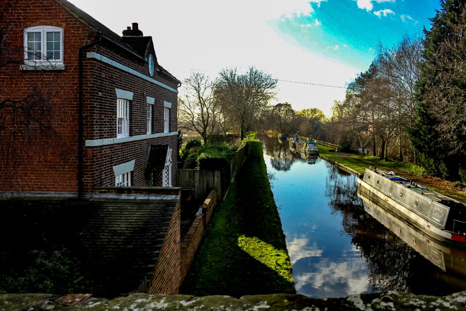 Free stock photo of canal barge, grass, reflection