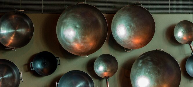 Empty Cooking Pans on Table Top photo