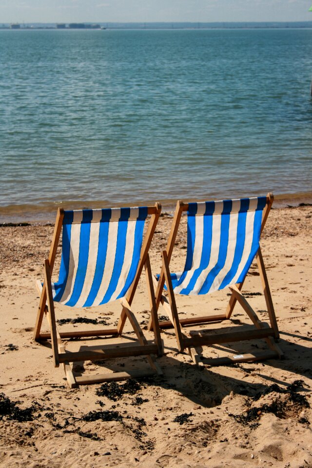 Free stock photo of beach, deckchairs, sand