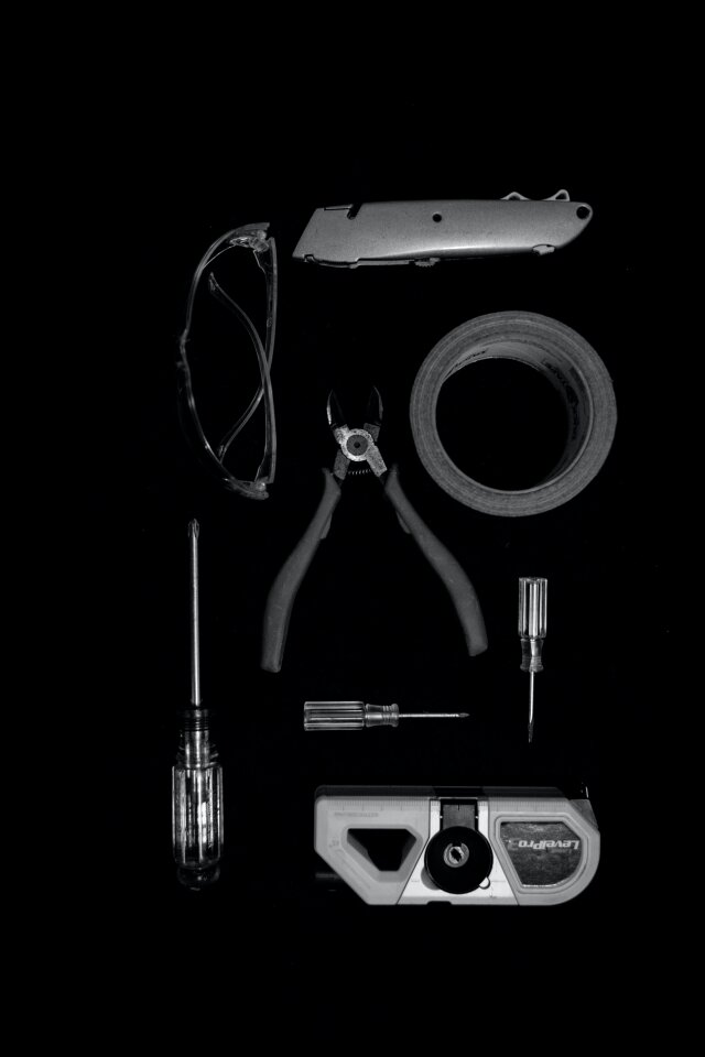 Free stock photo of black and-white, knolling, tools