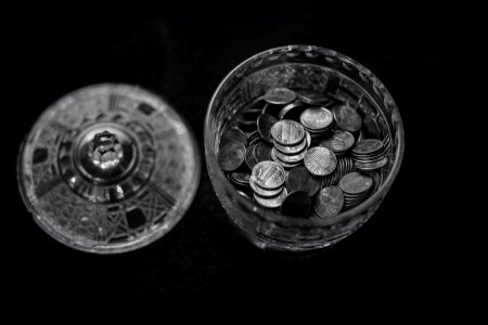 Free stock photo of black and-white, coins, glass