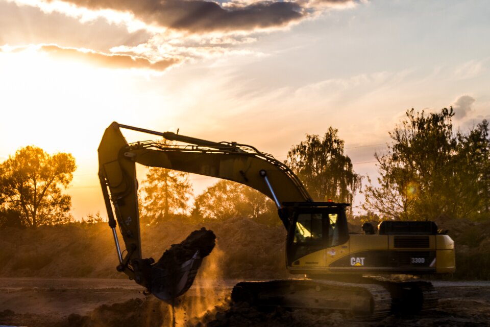 Free stock photo of excavator, sand, sunset