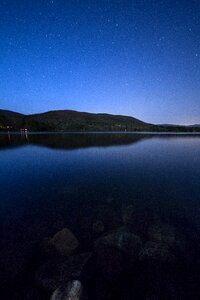 Lake View Under Clear Blue Night Sky during Night Time photo