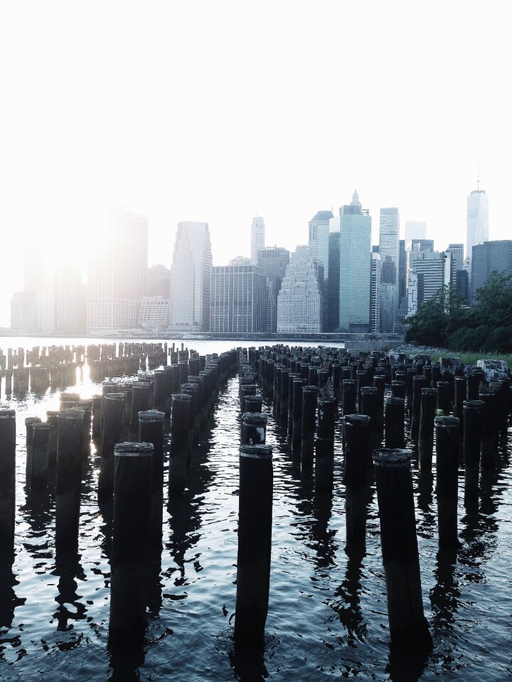 Landscape Photography of Brown Posts on Water Near White High-rise Buildings photo