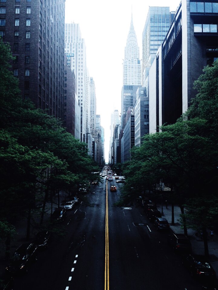 White and Red Car on Black Concrete Narrow Road in Between High Rise Buildings Photograph photo