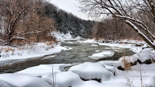 River at Snowy Day Photo photo