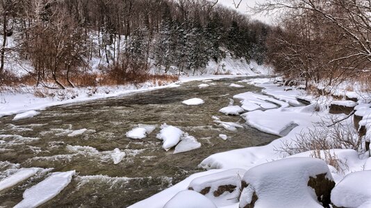 River Beside White Snow during Daytime