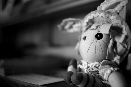 Grayscale Photography of Cartoon Character Plush Toy photo