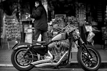 Grayscale Photo of a Cruiser Motorcycle photo