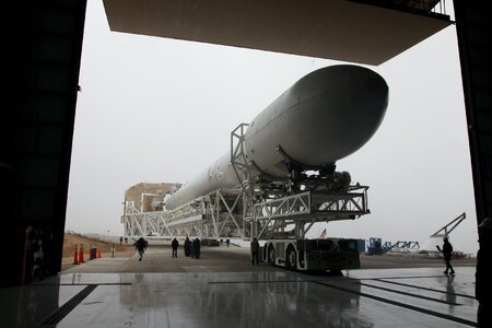 Transportation of assembled rocket into hangar photo