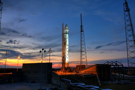 Space rocket installed on launch pad before countdown photo
