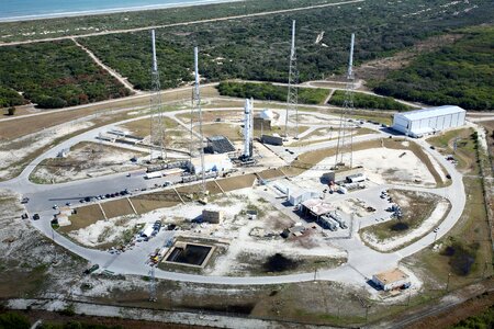 Spaceport ready to launch rocket on sunny day photo