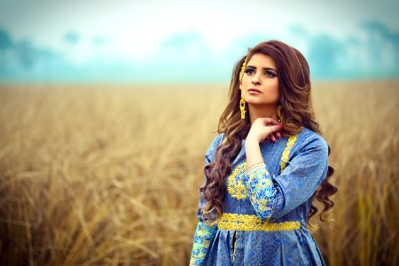 Brunette Haired Woman In Blue Dress Stranding In An Open Field photo